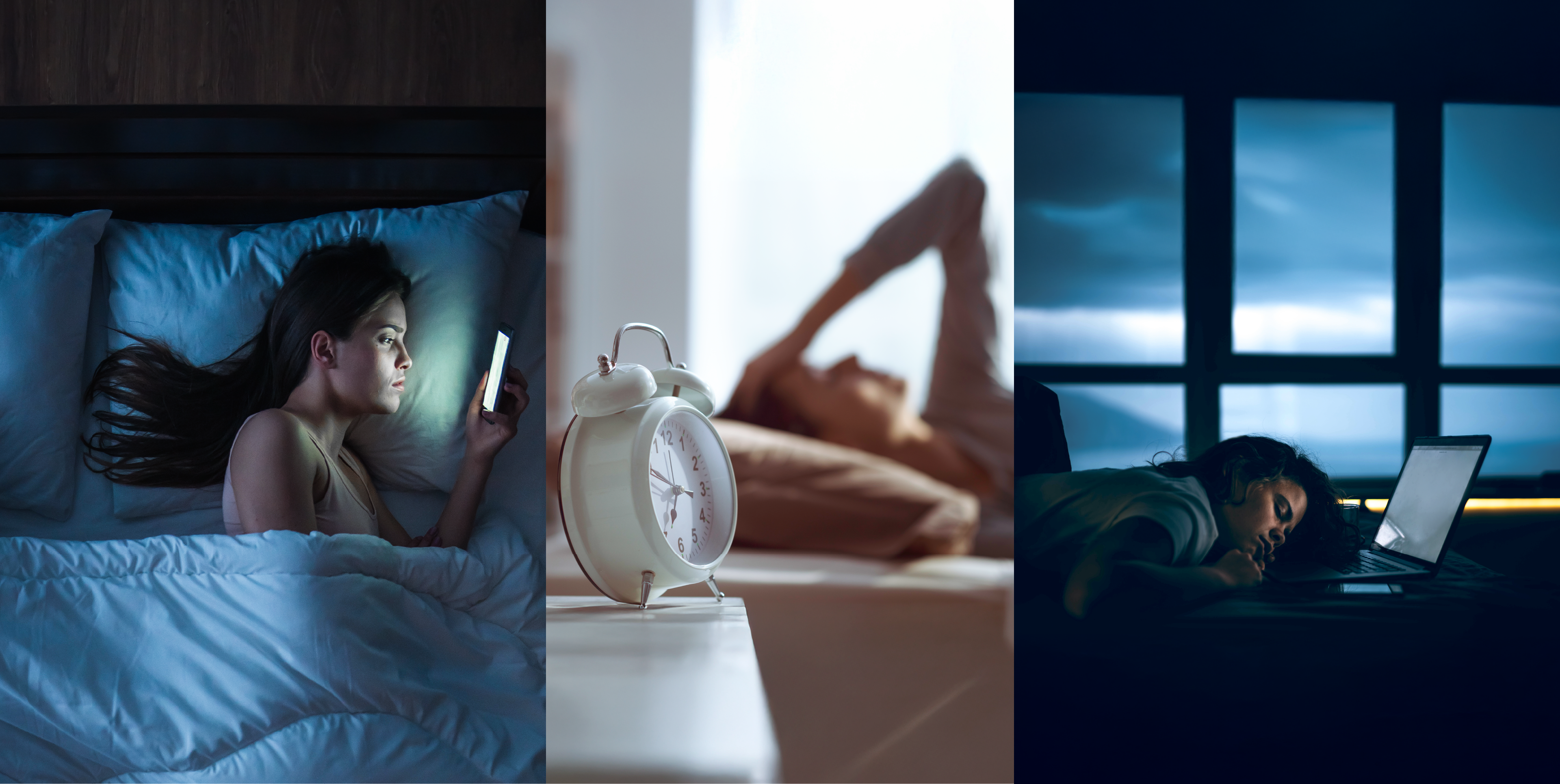 A woman using a smartphone in bed at night, an alarm clock next to a restless sleeper, and a person falling asleep at a laptop—showcasing the negative effects of blue light on sleep and circadian rhythm.