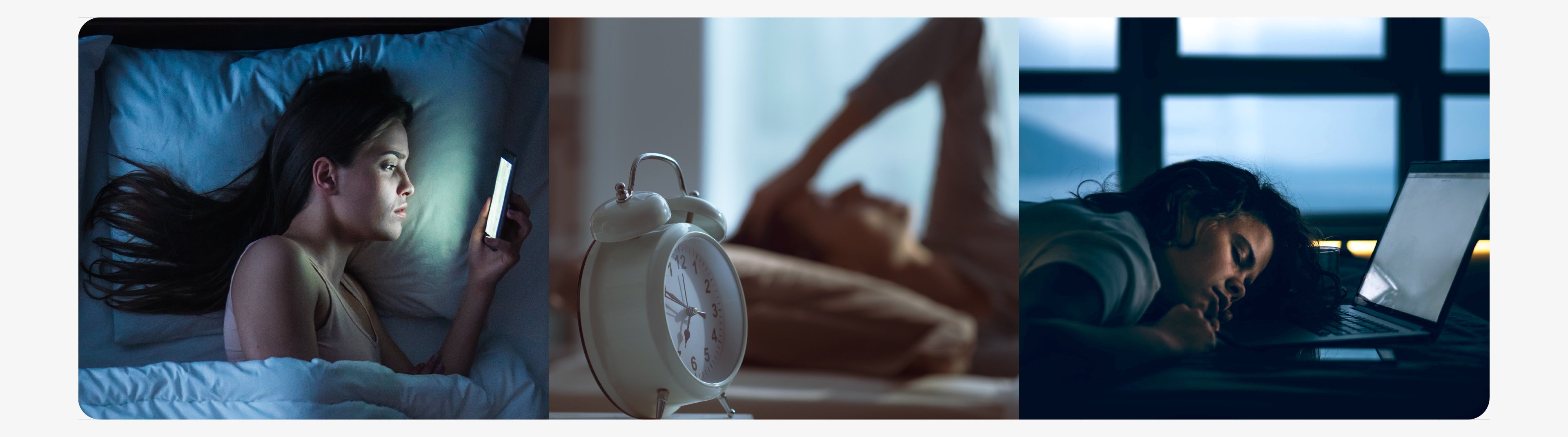 A woman using a smartphone in bed at night, an alarm clock next to a restless sleeper, and a person falling asleep at a laptop—showcasing the negative effects of blue light on sleep and circadian rhythm.