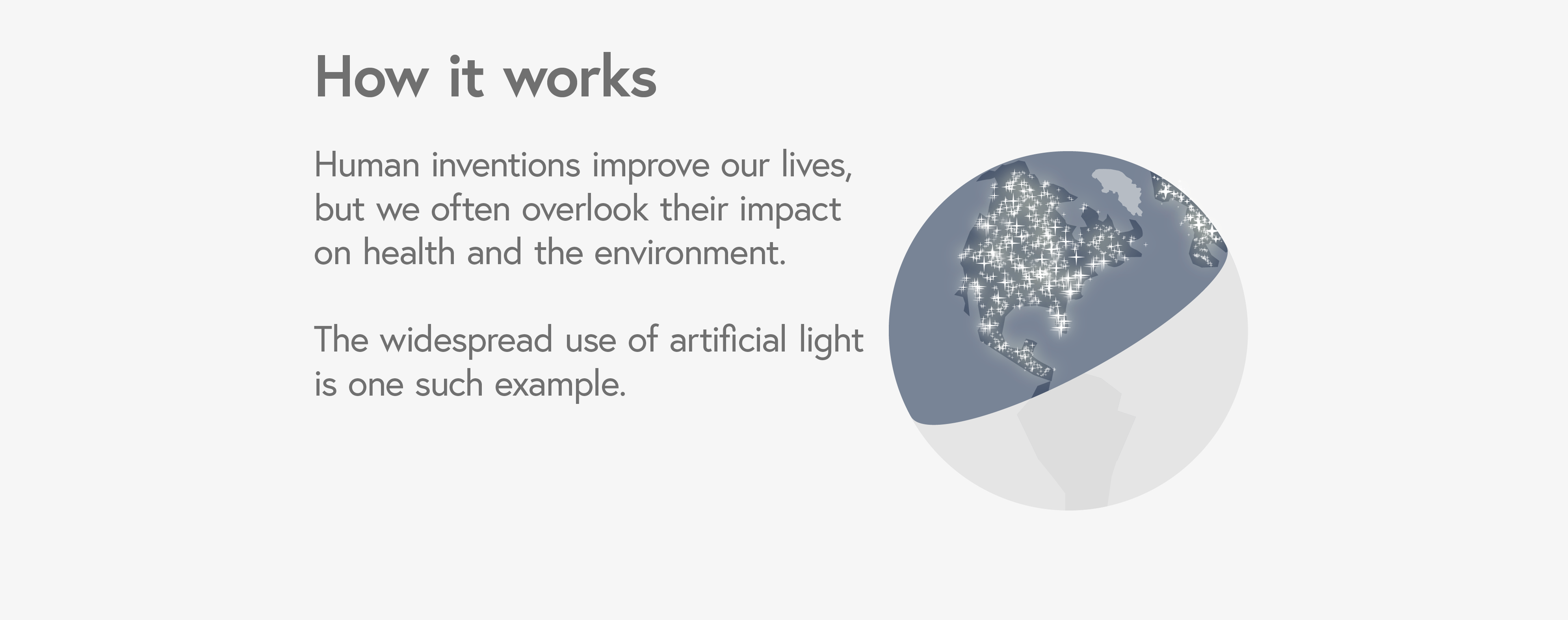 Illustration of Earth at night showing widespread artificial light use, highlighting the impact of human inventions on health and the environment.