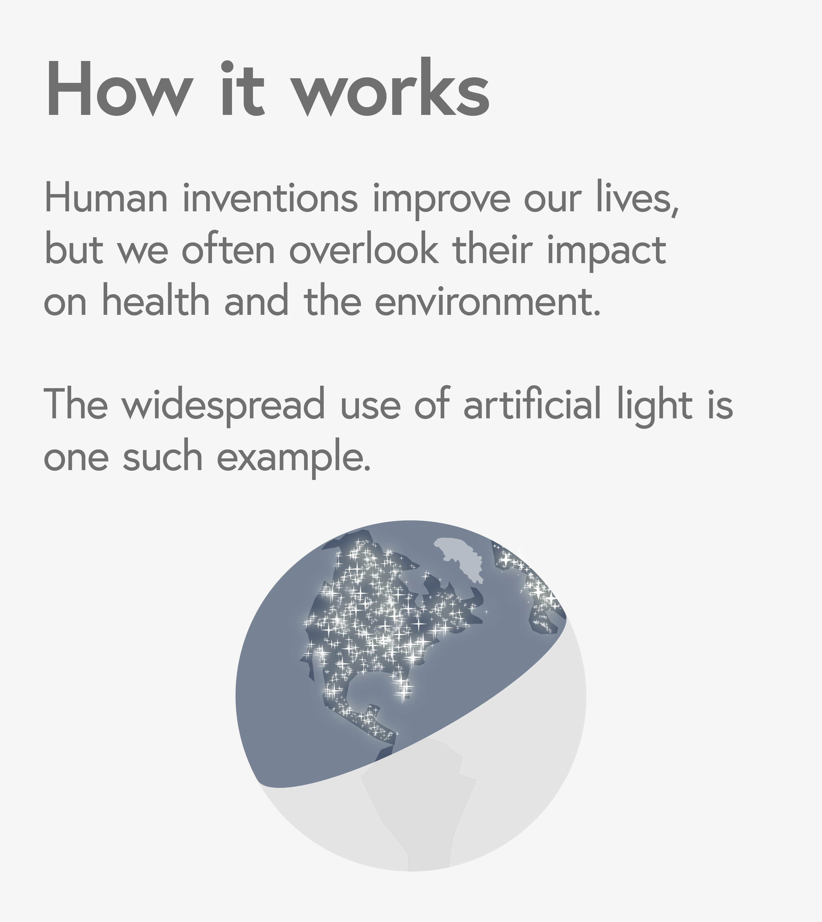 Illustration of Earth at night showing widespread artificial light use, highlighting the impact of human inventions on health and the environment.